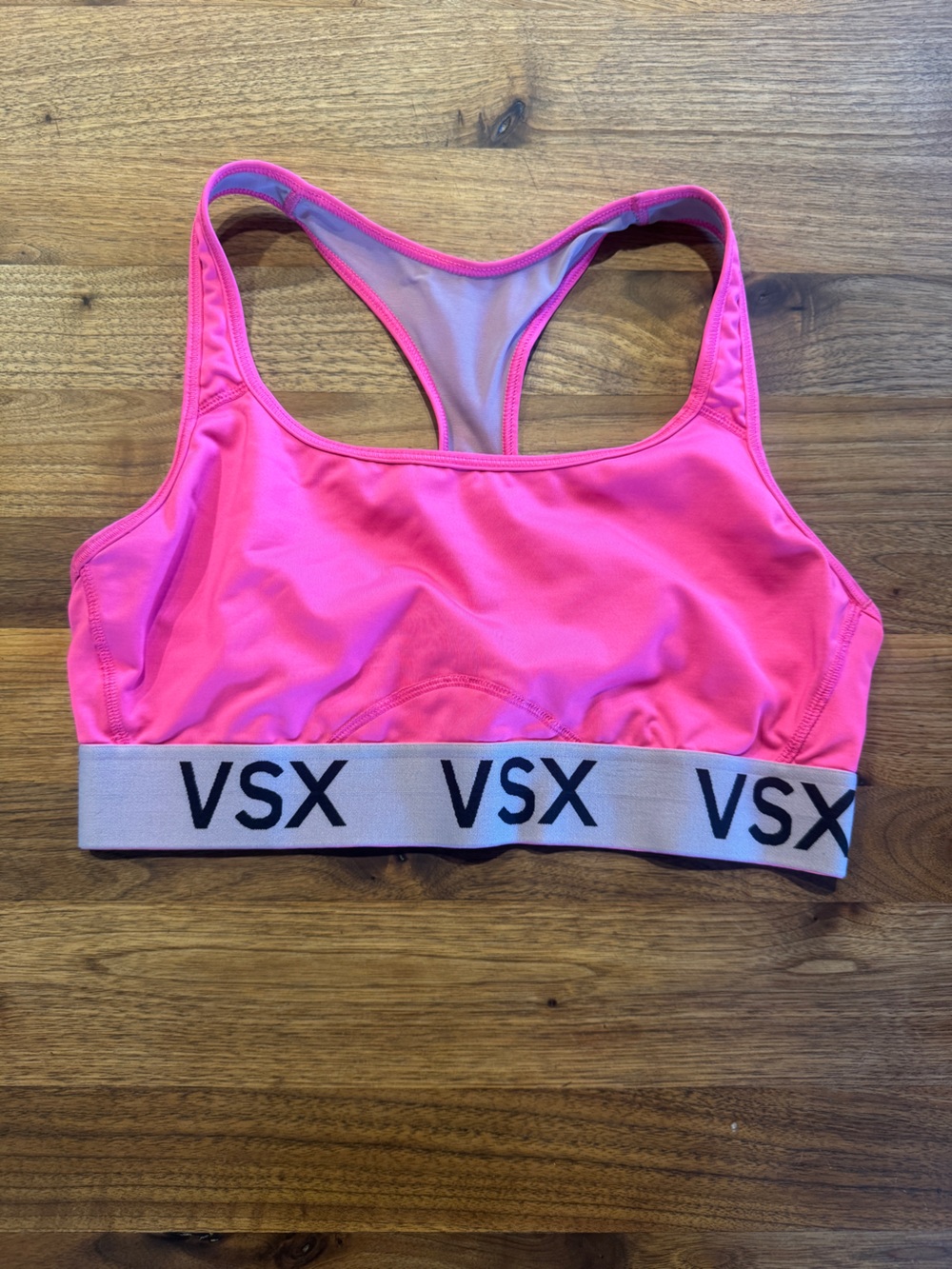 Victoria's Secret Neon Pink VSX Racerback Sports Bra with White Logo Band